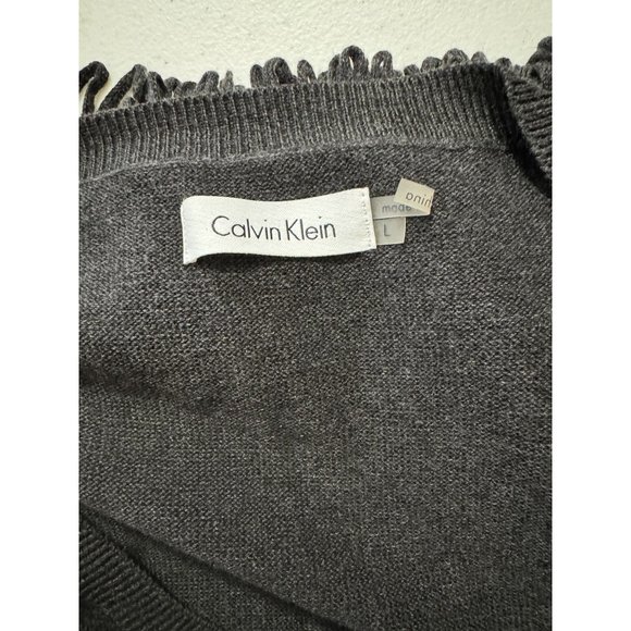 Calvin Klein Sz L Dark Heather Grey 3/4 Sleeves Crew Neck Fringe Sweater Dress - Picture 12 of 14